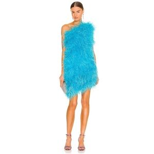 The Bar One Shoulder Ostrich Feather Andre Dress in Turquoise